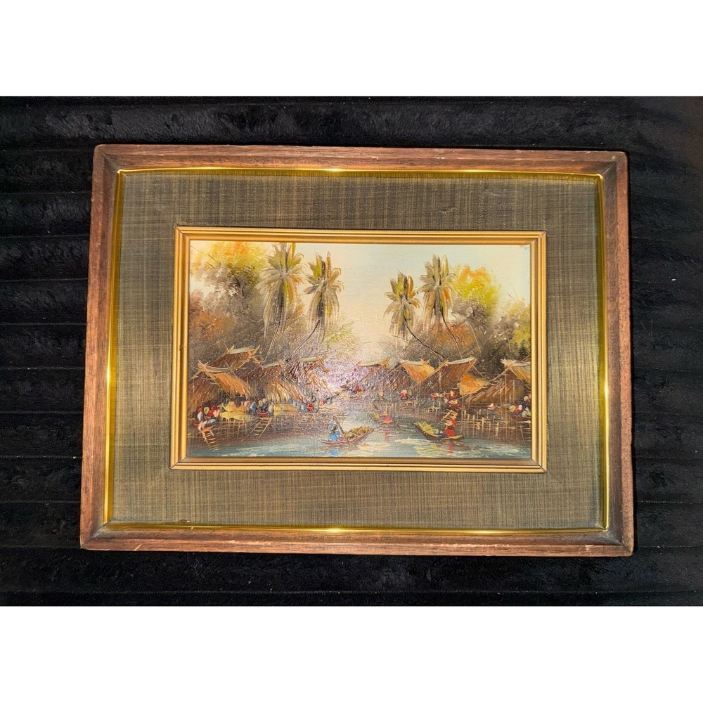 Unsigned Thailand Southeast Asia Canal Oil Painting Framed Vintage Village Scene